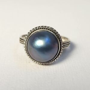 NIB VTG 925 Silver Blue Mabe Pearl Large Dome Peacock Bali Style Ring Sz 8